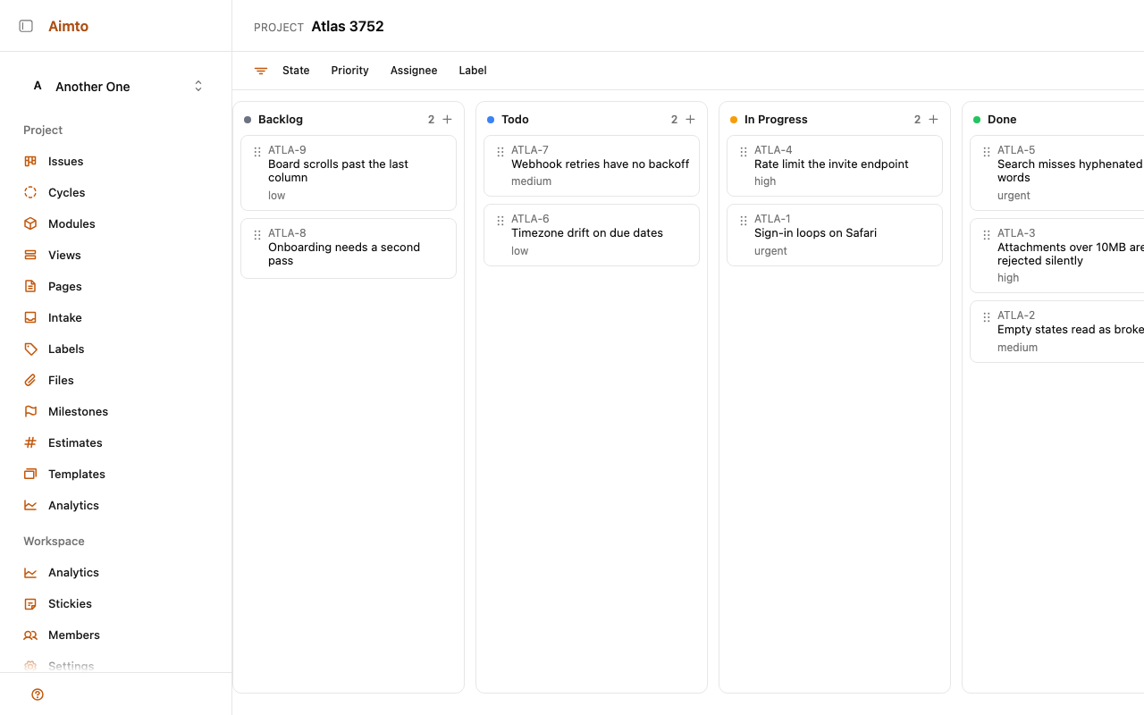 A project board with five state columns and issue cards, above a filter bar